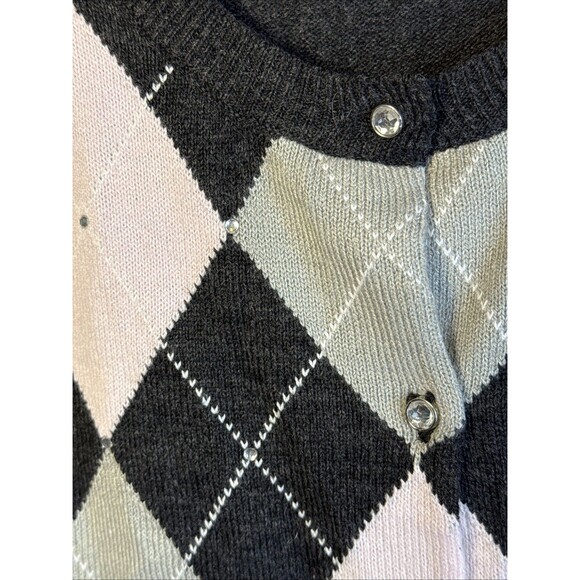 Y2K New York & Co Pink Argyle Sweater Cardigan Beaded Rhinestone XL Academia - Picture 3 of 4